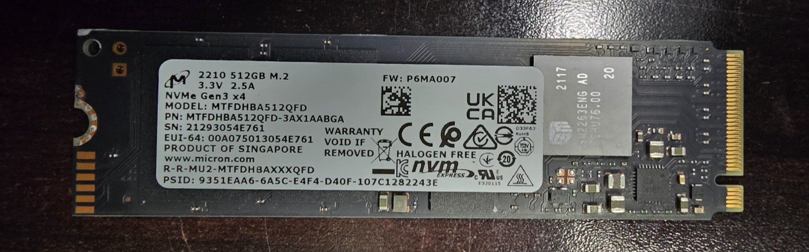 Micron 2210 512GB NVMe M.2 SSD MTFDHBA512QFD 100% Health 160 Hours