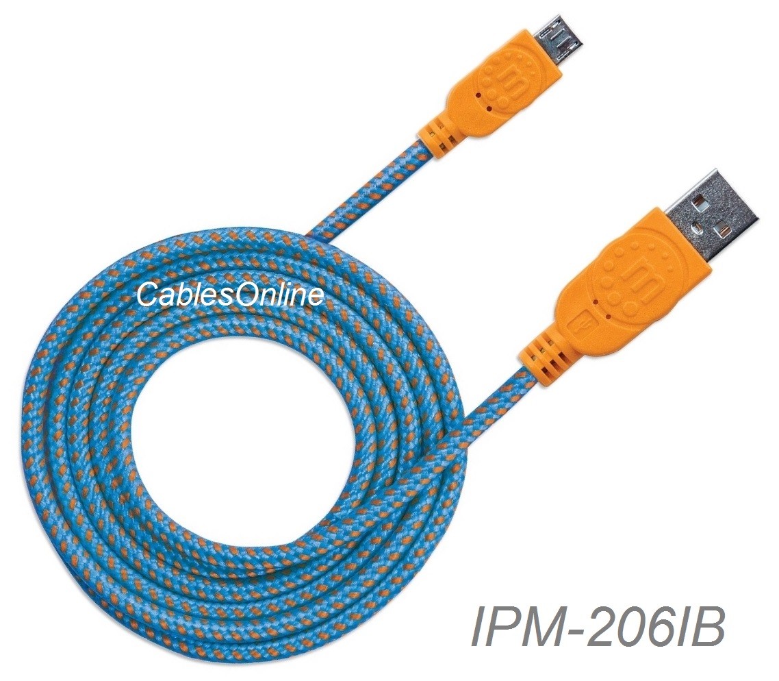 6ft Braided Hi-Speed USB A Male to Micro-B Male Device Cable, Blue/Orange