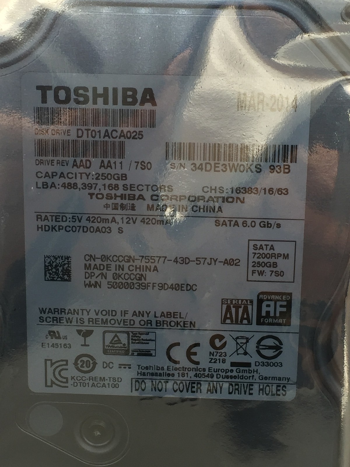 Toshiba DT01ACA025 250GB 7200 RPM 8MB Cache SATA 6.0Gb/s 3.5" HDD USED