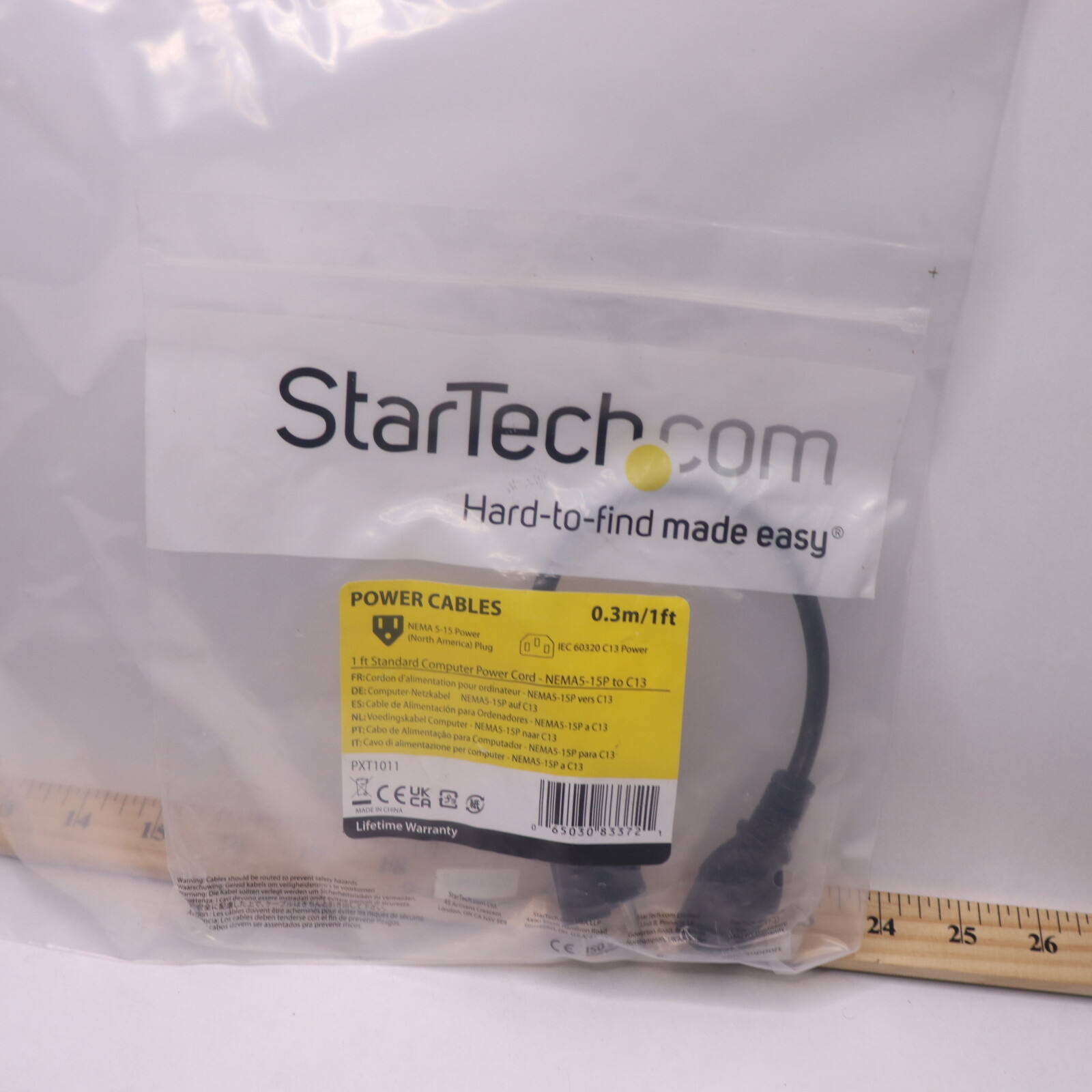 StarTech Replacement AC Computer Power Cord 12A 125V Black 1ft  PXT1011