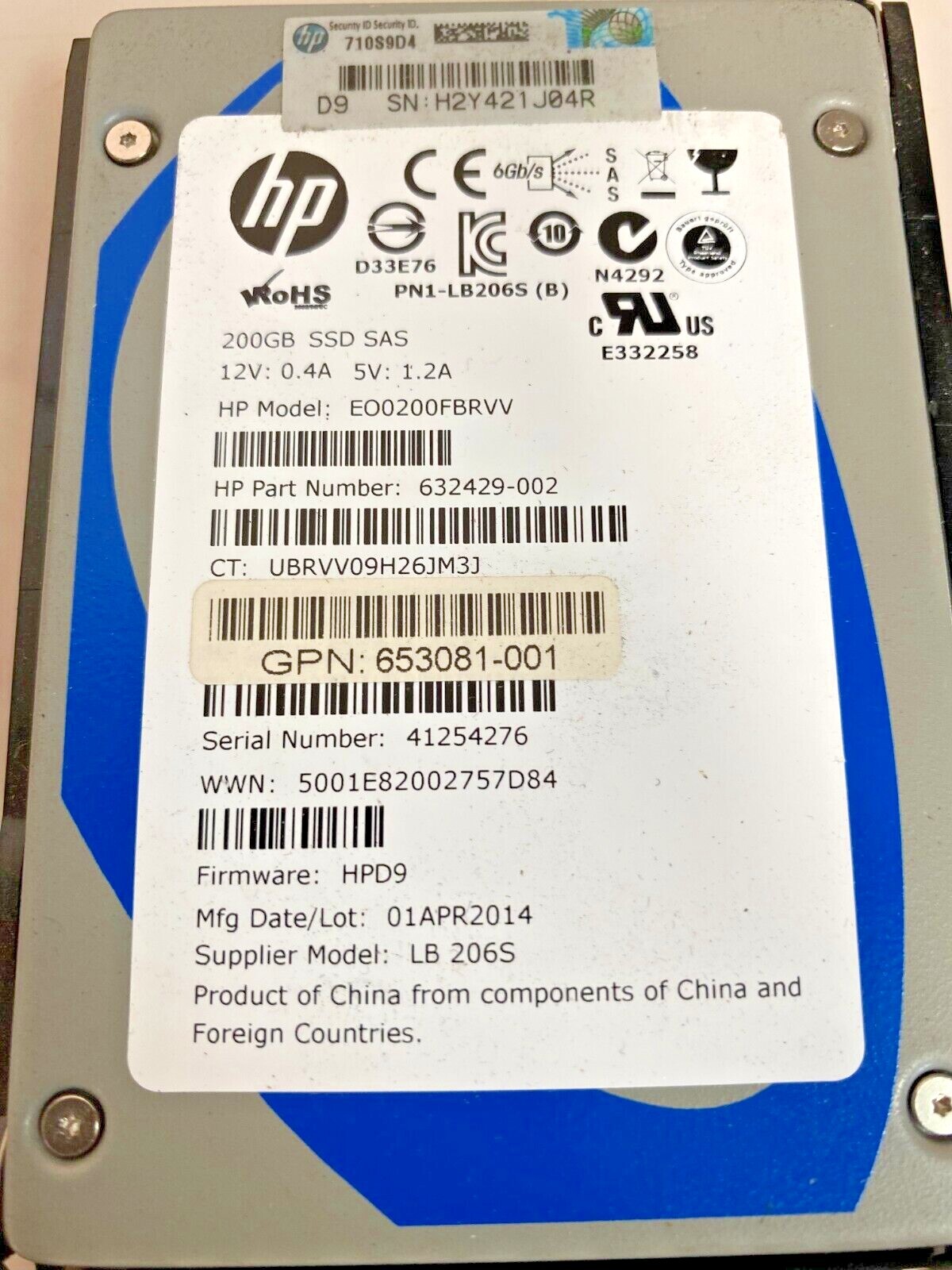 632429-002 HP 200GB SAS Enterprise Performance 6G SC 2.5" SSD 653078-B21 W/ Tray