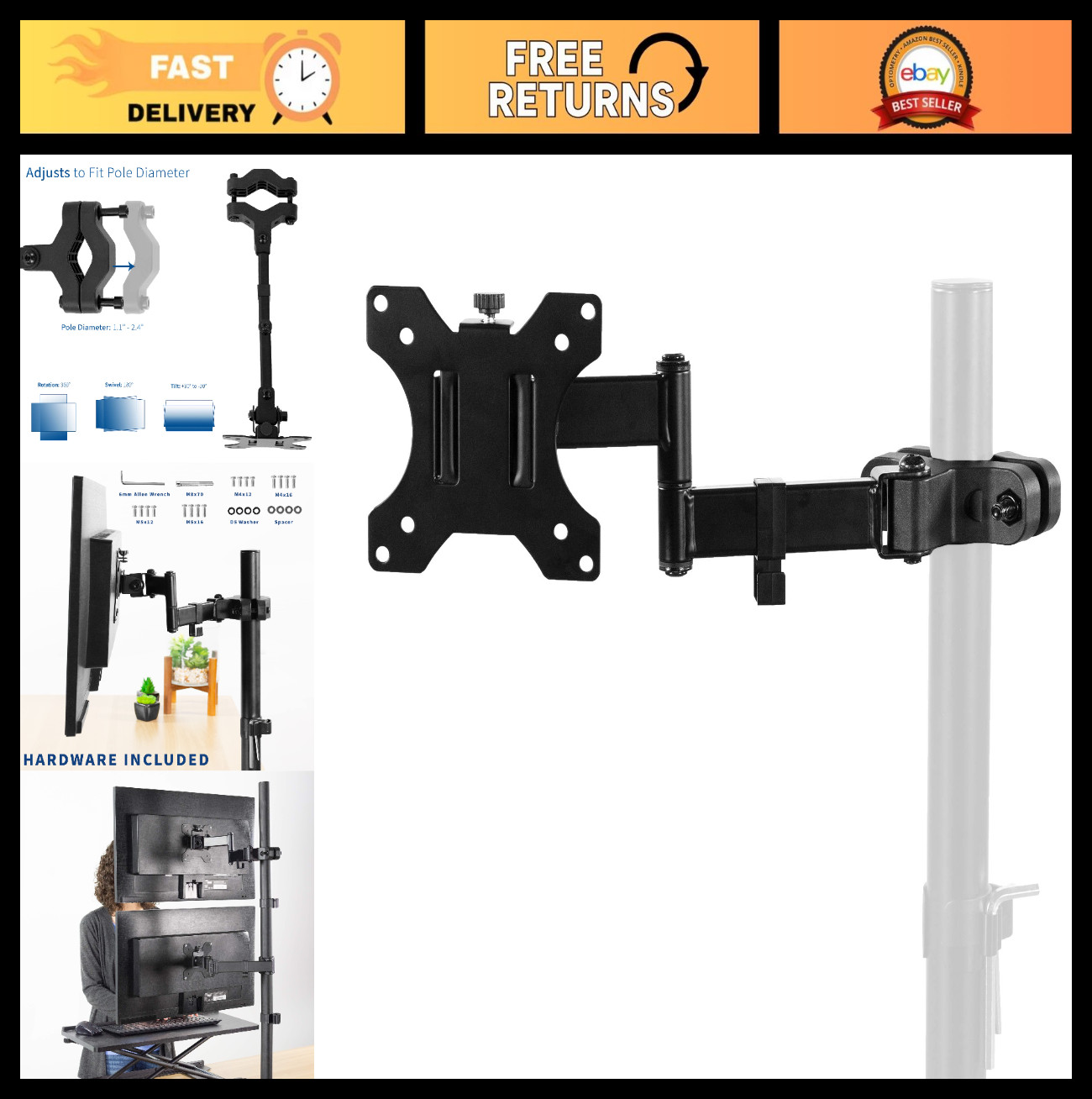 Universal Full Motion Monitor Arm Pole Mount, VESA 75mm/100mm, Fits 17-32" Scree
