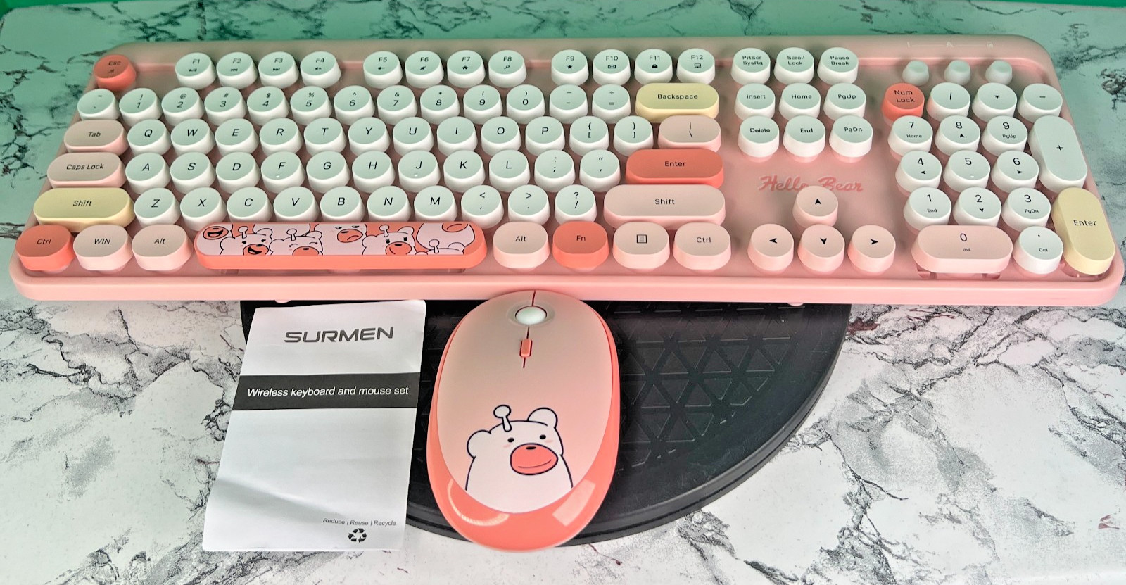 Surmen GS104 Hello Bear Wireless Keyboard Mouse Set Pink Retro 104 Key Cute