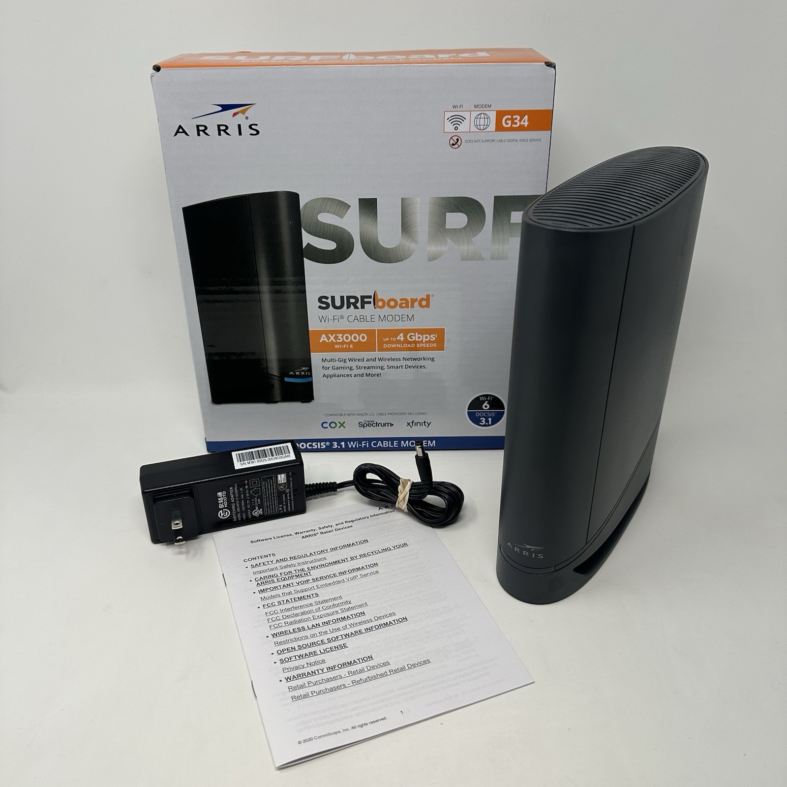ARRIS Surfboard G34 DOCSIS 3.1 Gigabit Cable Modem & AX3000 Wi-Fi 6 Router w/Box
