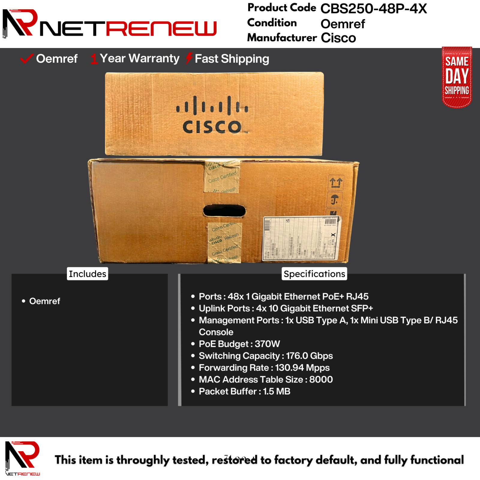 Cisco Refresh CBS250-48P-4X 48x 1GB PoE+ RJ45 4x 10GB SFP+ Switch