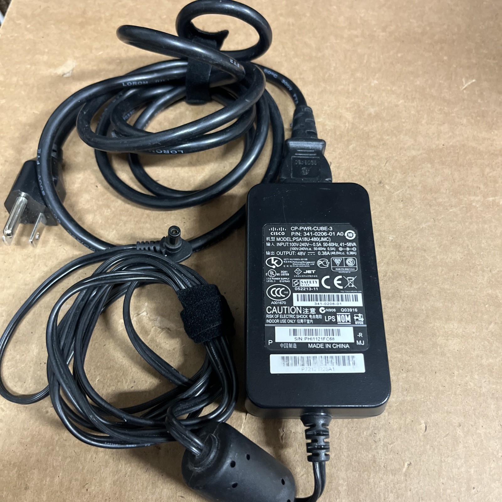 PSU 48V 0.38A 18W Cisco CP-PWR-CUBE-3 5.5x2.8mm Barrel Plug. Cisco