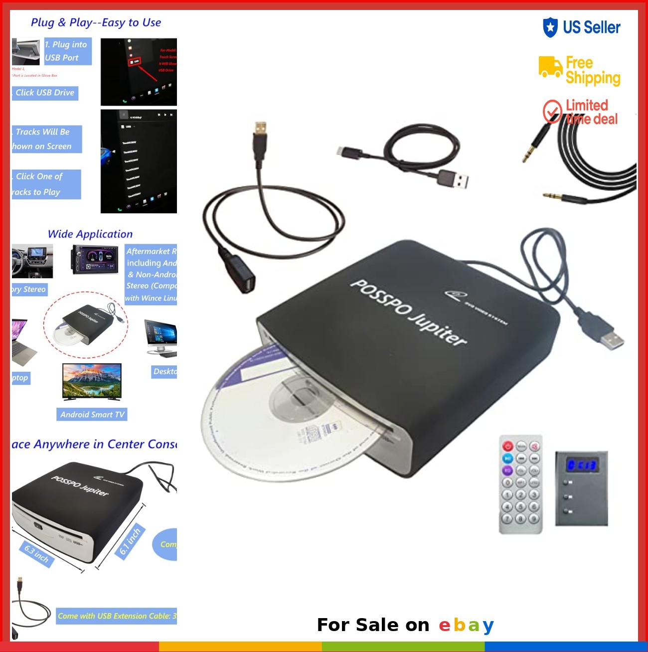 Portable USB CD Player for Car DVD PC Laptop AUX WAV VOB USB-A USB-C Adapter