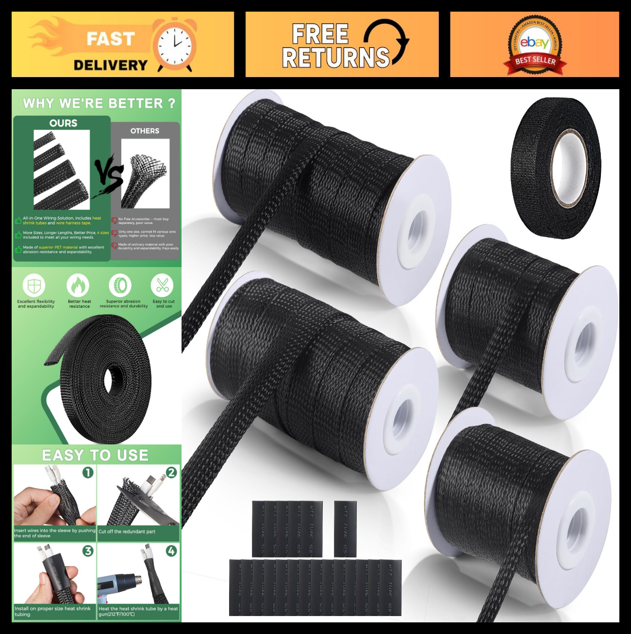 132ft Expandable Braided Cable Sleeve - Mesh Wire Loom for Automotive & Home Dev