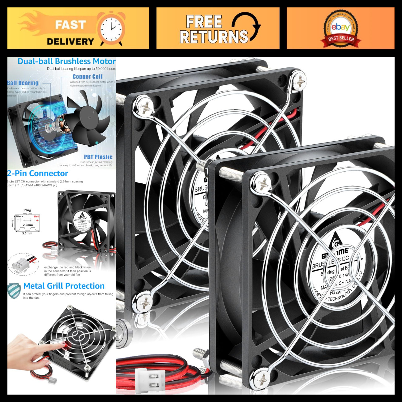 80mm Brushless DC Cooling Fan 24V, 2-Pin, High Performance, 2-Pack for PC & Elec