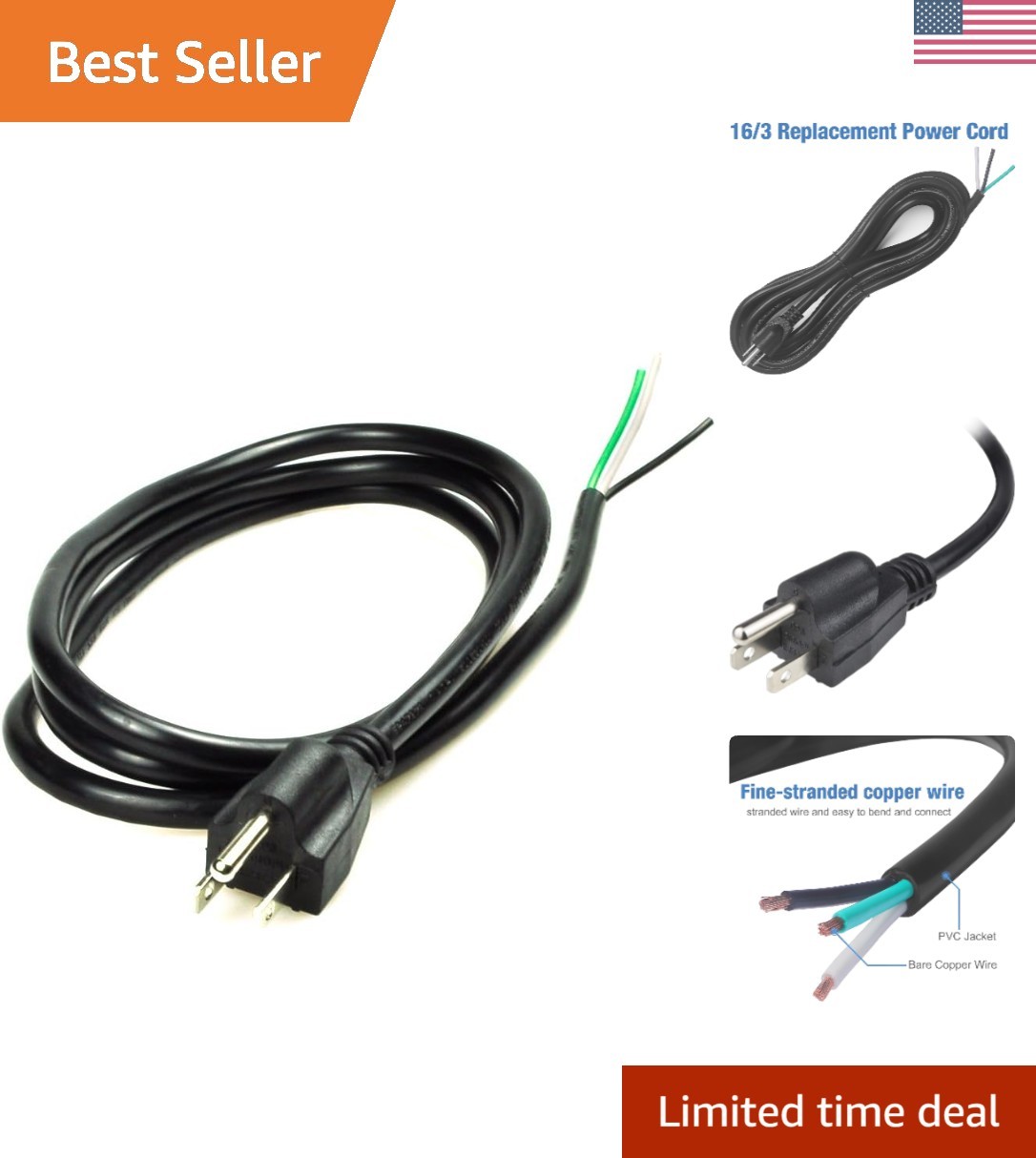 Replacement 6ft Power Cord 16AWG, NEMA 5-15 Plug for Heavy-Duty Appliances