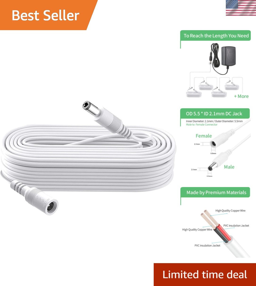 33FT DC 12V Power Extension Cable for CCTV & Electronic Devices - Durable White