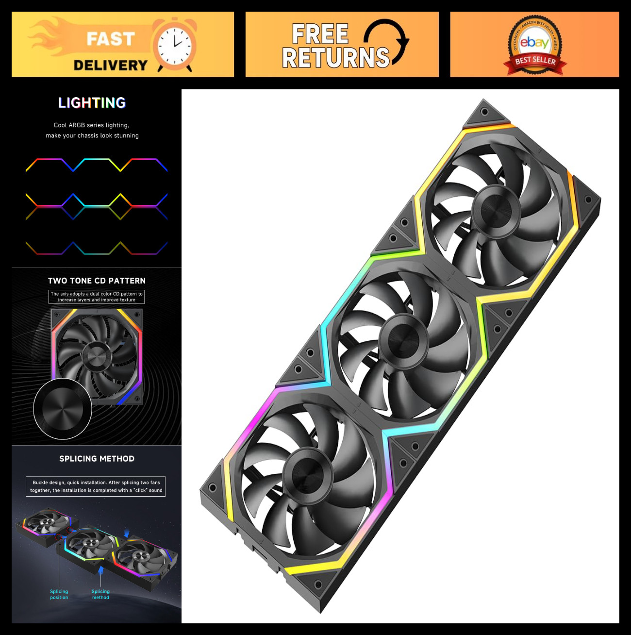 120mm ARGB PWM PC Case Fans - Double Ring Cooling, Daisy-Chain 5V RGB (3 Pack)