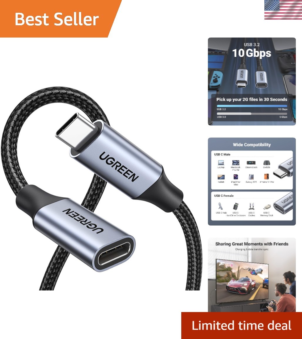 Versatile USB C Extension Cable 1.5 ft - 10Gbps Speed & Fast Charging Power
