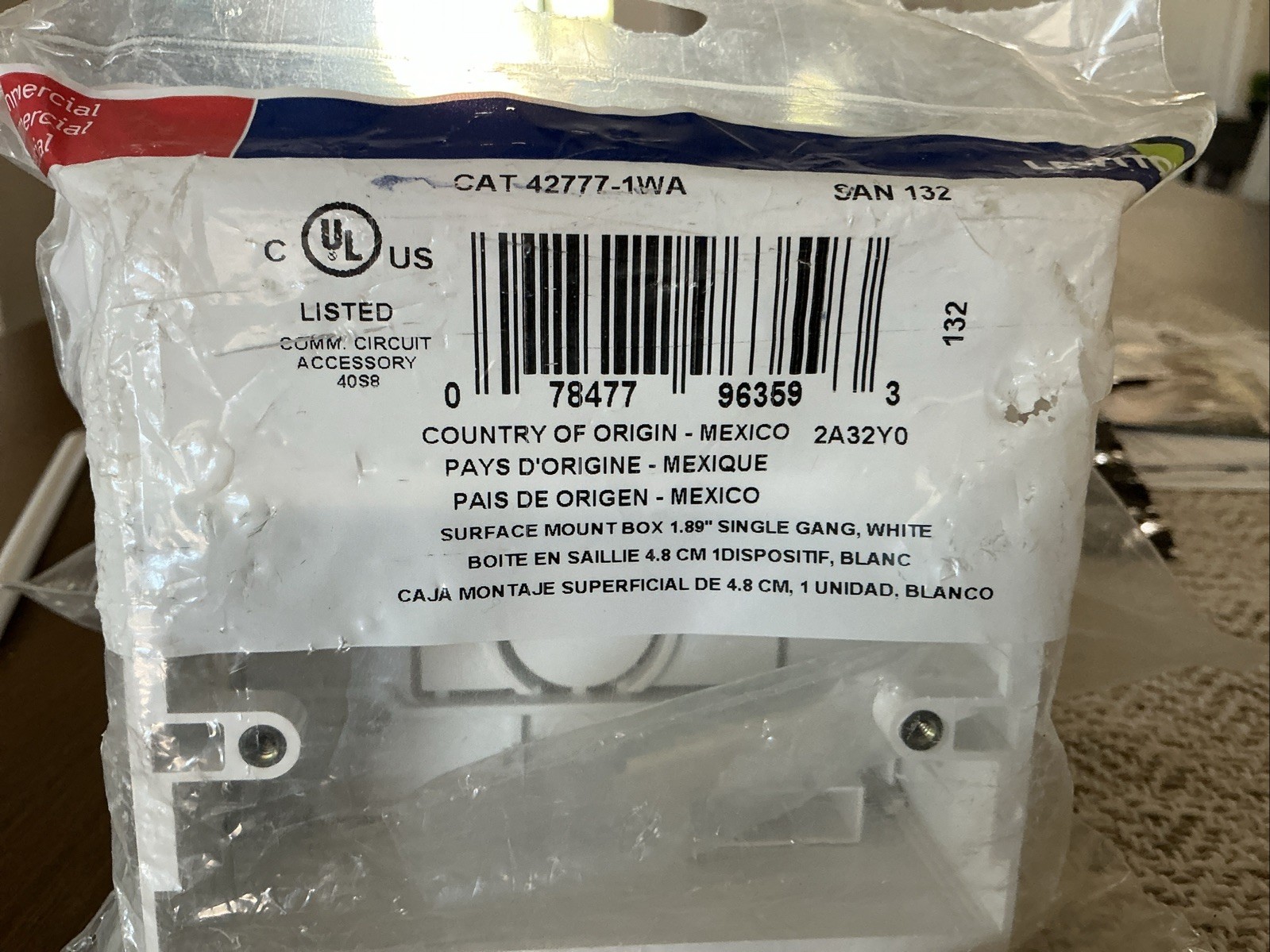Leviton 42777-1WA Surface Mount Backbox, Single Gang, White, Box Depth Is 1.89