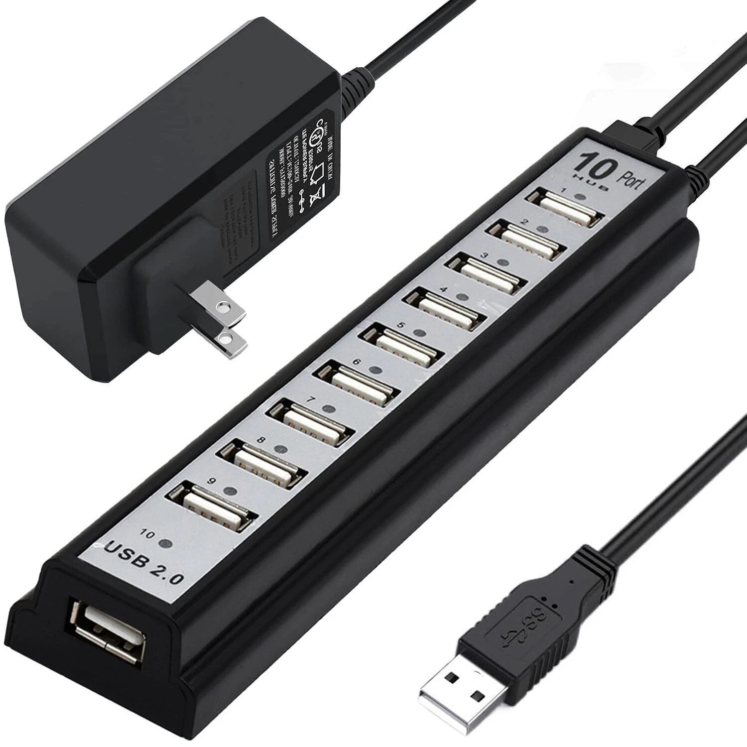 Powered USB Hub 2.0, VIENON 10-Port Extender 10-Port, Black 