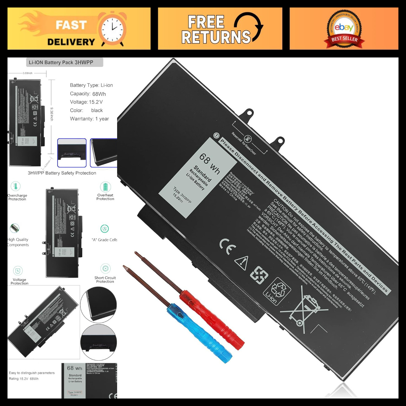 68Wh Laptop Battery for Dell Latitude Precision Inspiron - High Capacity, Reliab