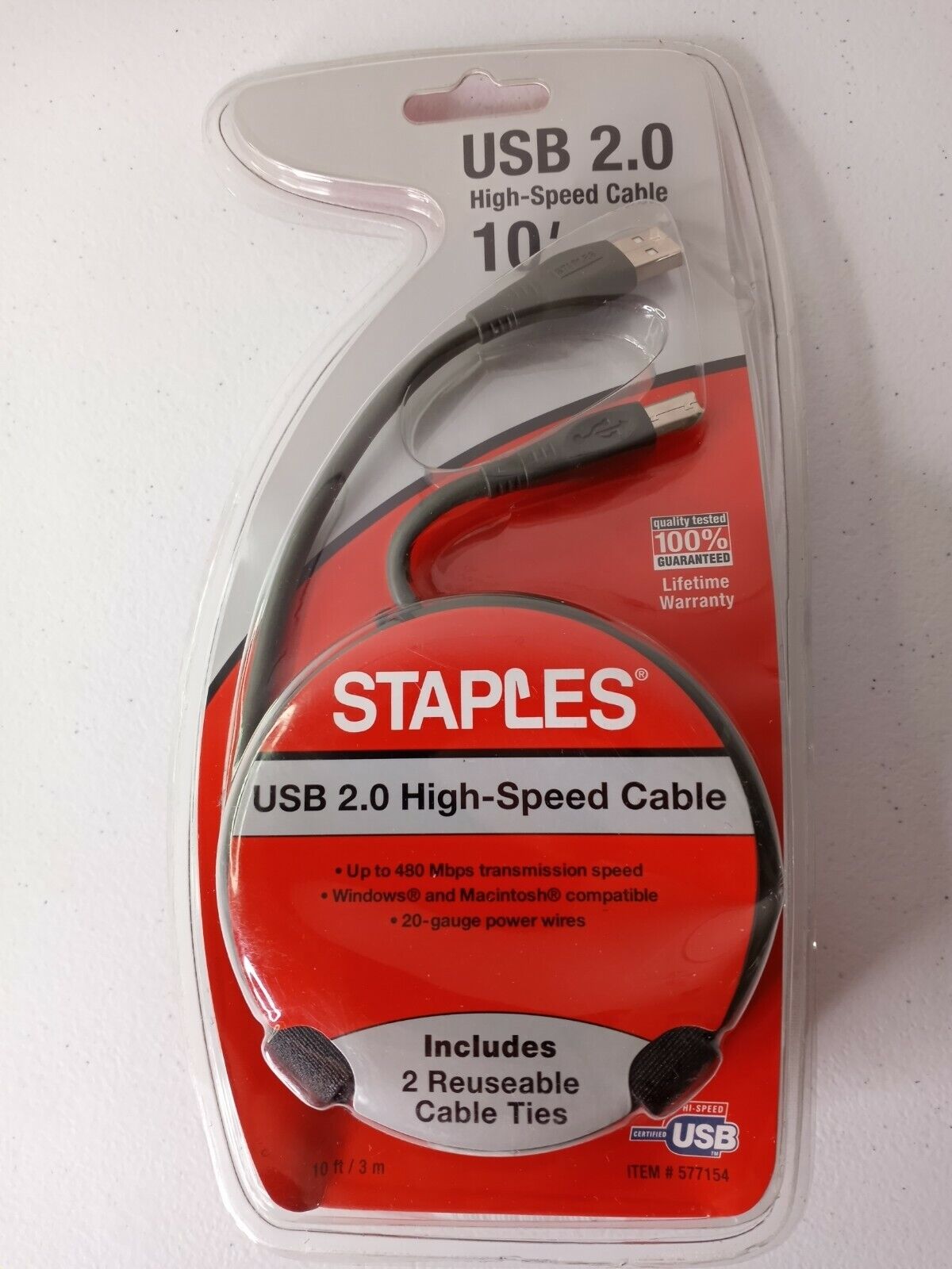 Staples USB 2.0 High Speed 10' Cable 24 K Gold Plated Contacts New Sealed 