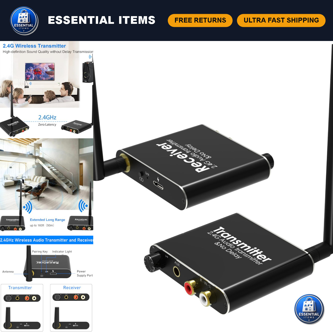 2.4GHz Wireless Audio Transmitter & Receiver Set - TV Sound System Upgrade