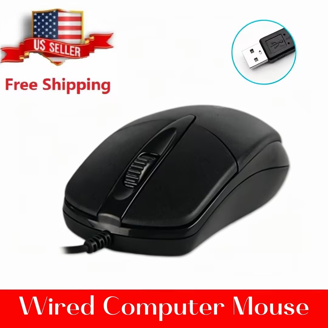 1PCS Black Wired Computer Mouse USB Corded with Home Office Noiseless Laptop PCs