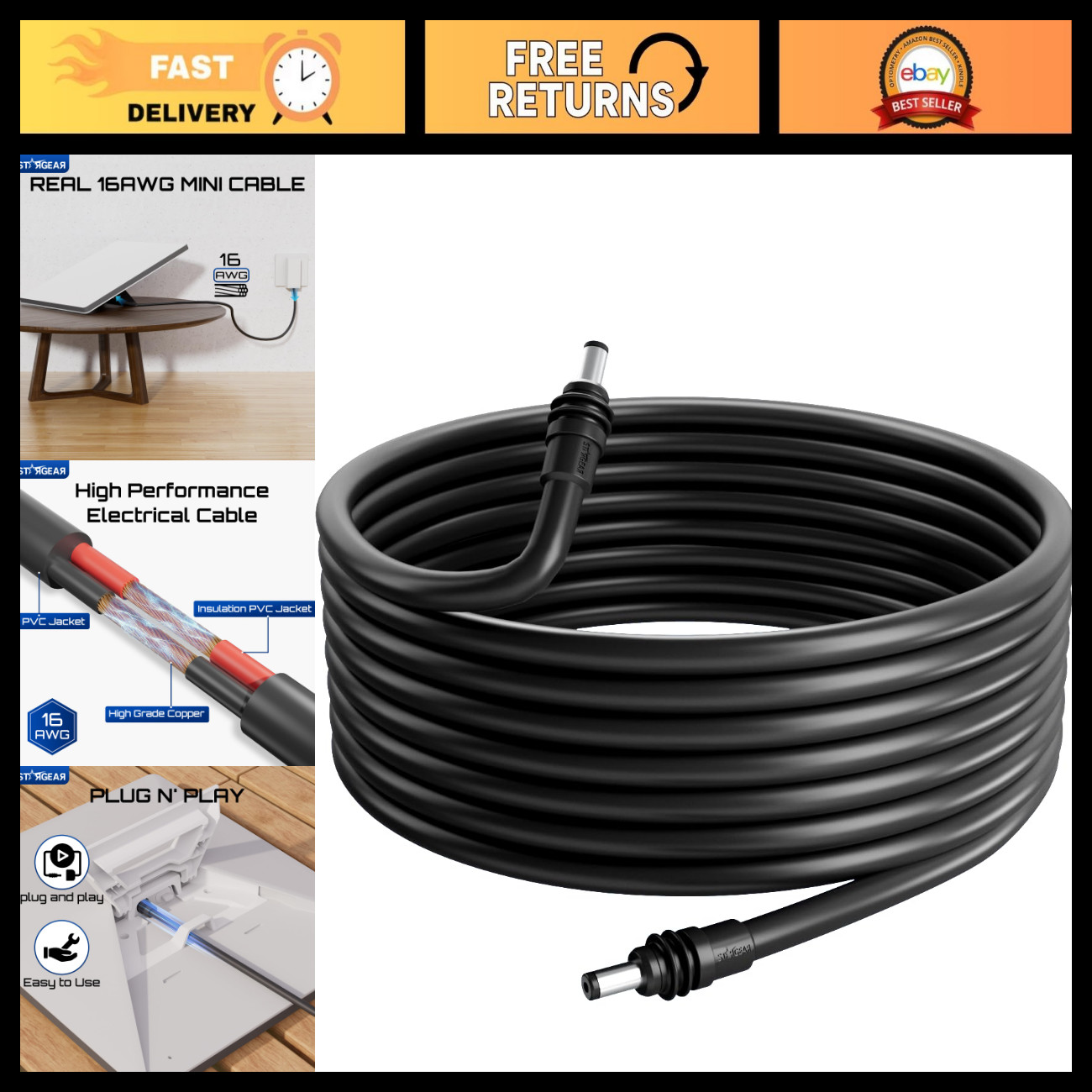 16.4FT Waterproof DC Power Cable for Starlink Mini, 16AWG Charging Cord, Outdoor