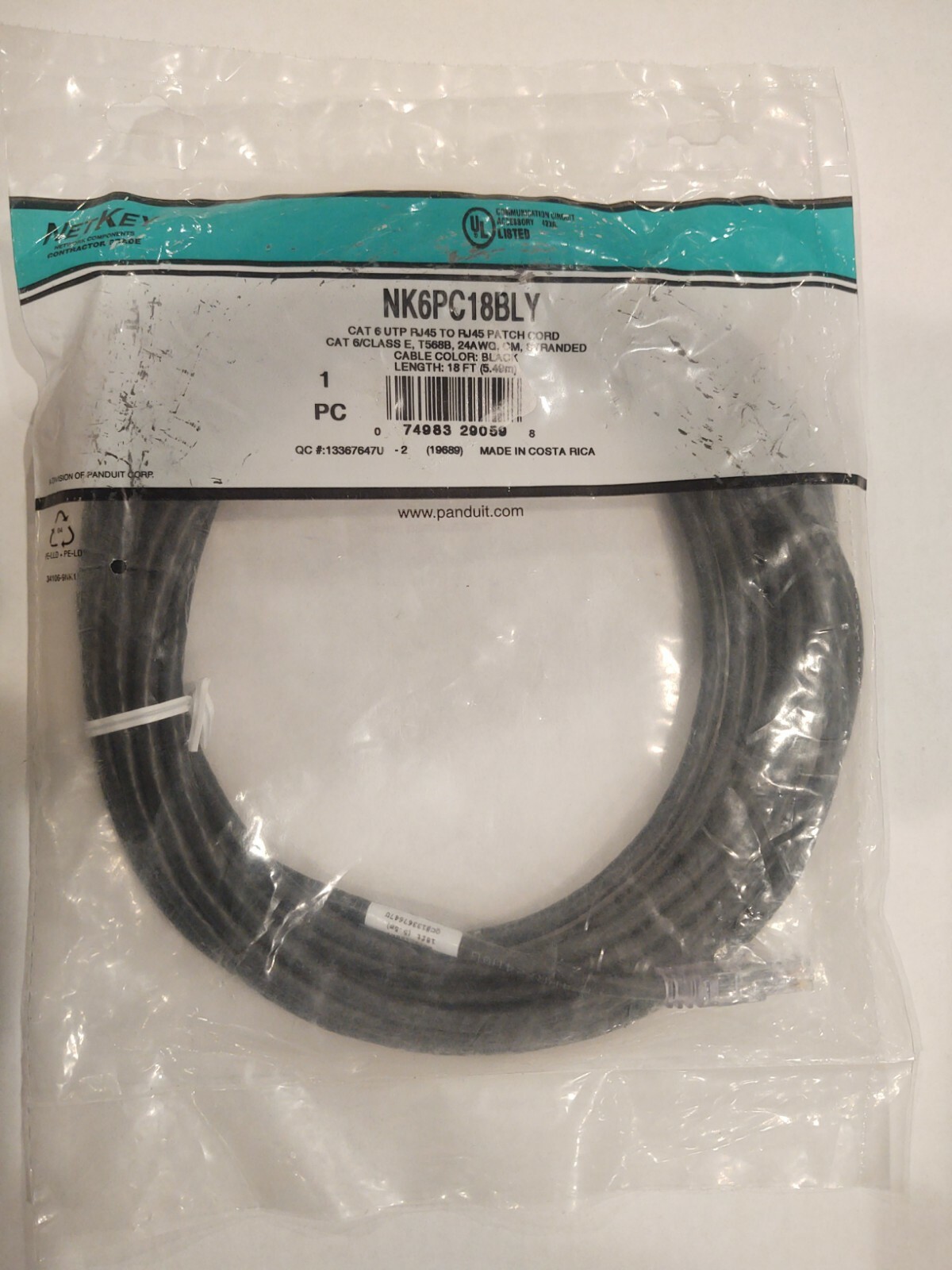 Panduit Netkey 18 ft. Cat 6 Patch Cable Black NK6PC18BLY