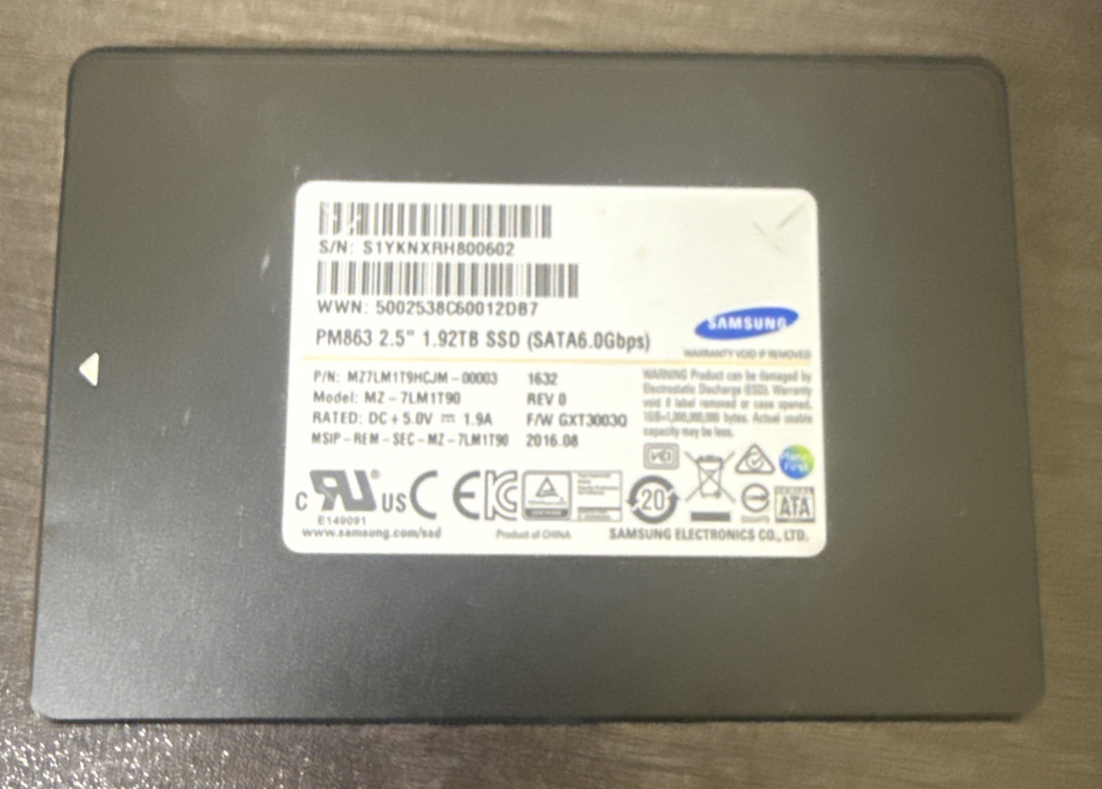 Samsung PM863 1.92TB 2.5” SATA III Enterprise SSD MZ-7LM1T90 94% Health