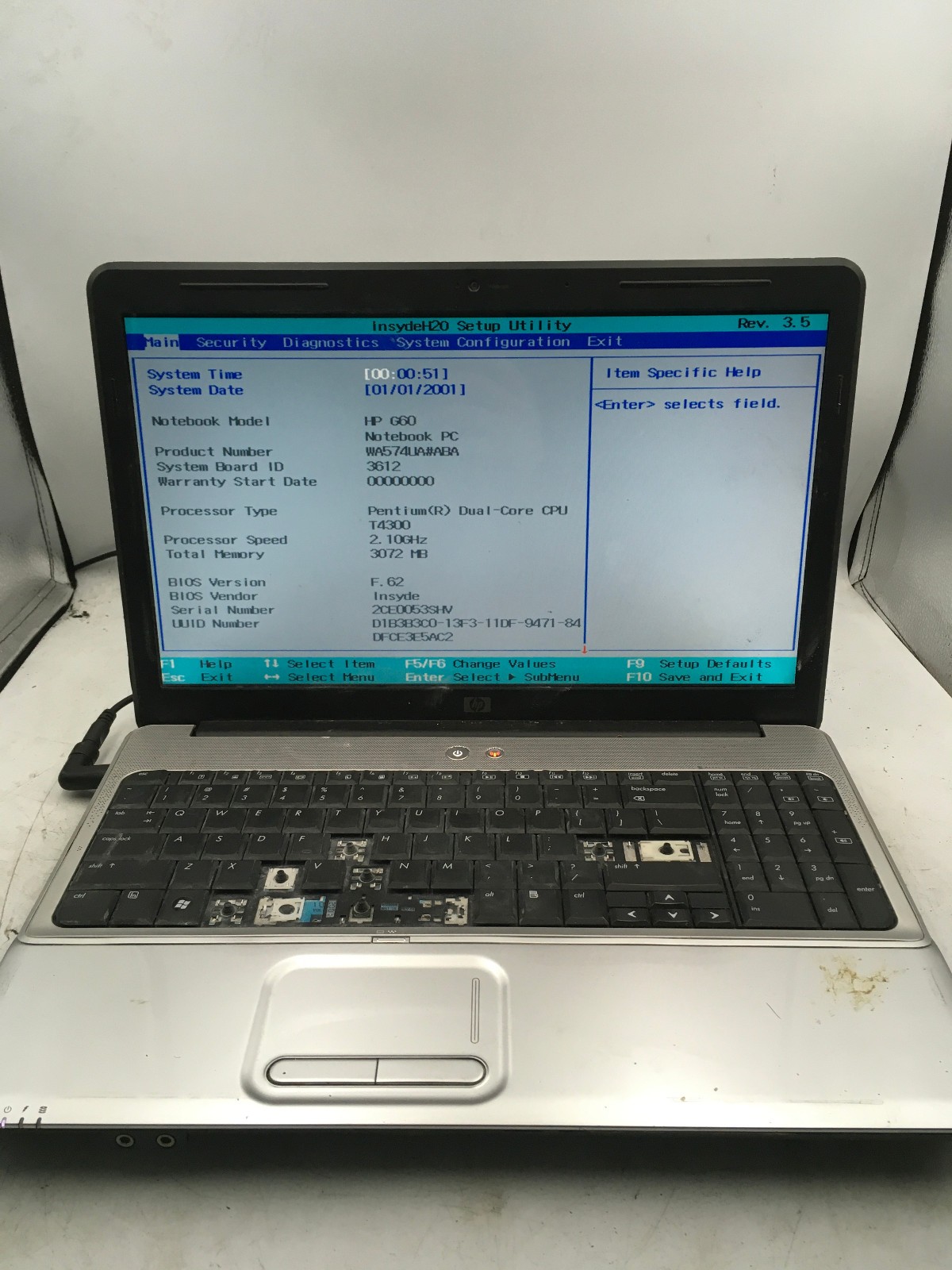 HP G60 LAPTOP - BOOTS TO BIOS - INTEL CORE 2 DUO - 3GB RAM - READ DESCRIPTION-BB