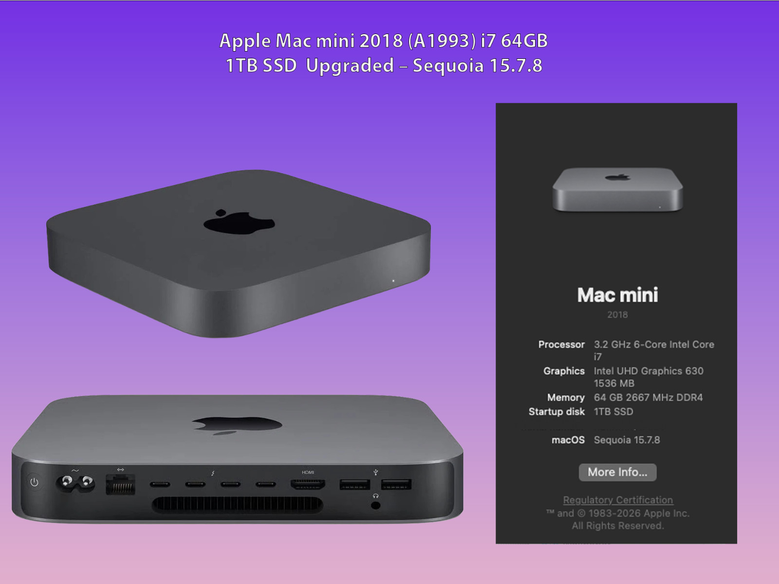 Apple MAC Mini Intel I7 8100B CPU 3.2GHz 64GB 1TB A1993 10Gb Ethernet upgrade