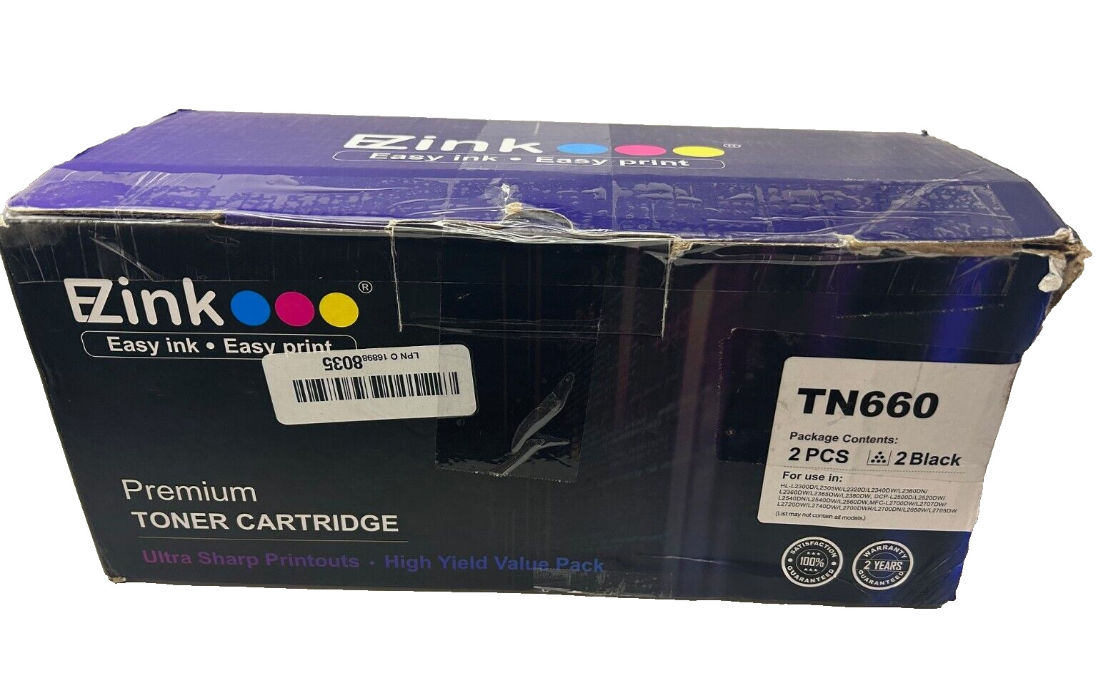 EZink Black Toner Cartridge TN660 2 Pack New