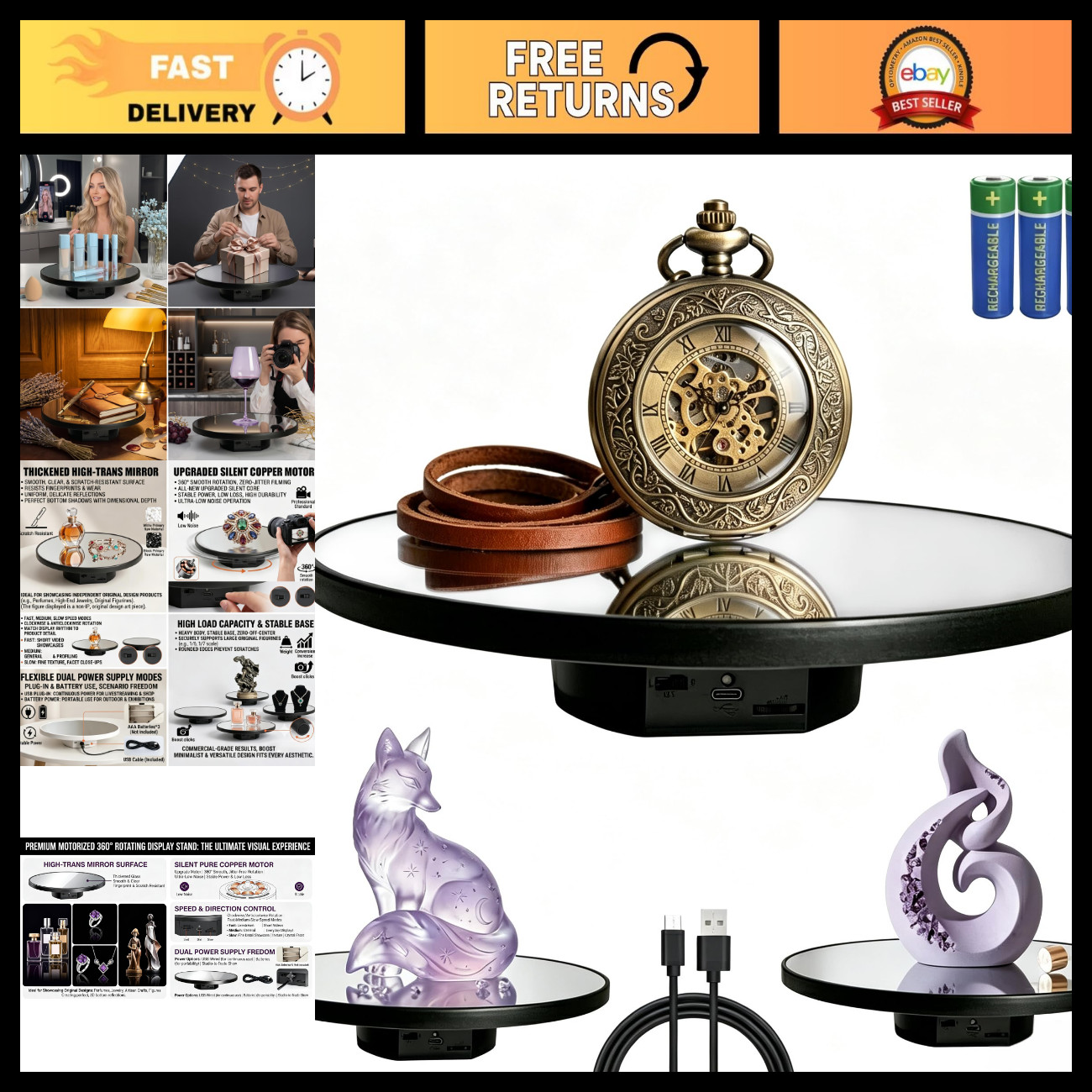 Motorized 360° Rotating Display Stand, 10" Turntable for Jewelry & Photography,
