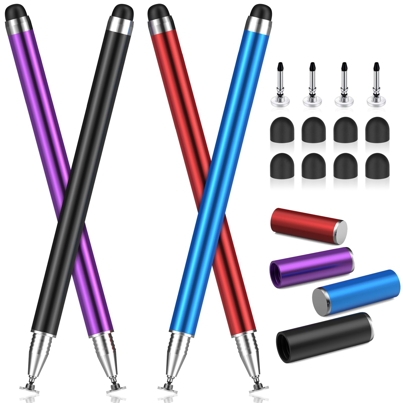 MEKO 4 Pack Stylus Pens for Touchscreens, 2-in-1 High Black/Blue/Purple/Red