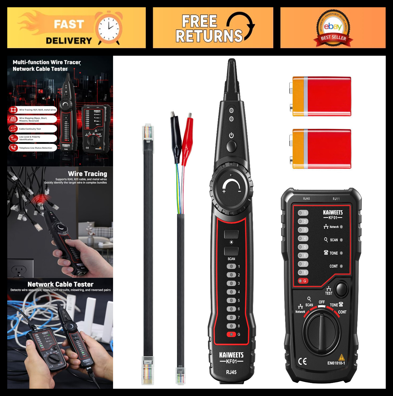 Network Cable Tester Kit - RJ45 RJ11 Wire Tracer, Tone Generator & Probe, Ethern