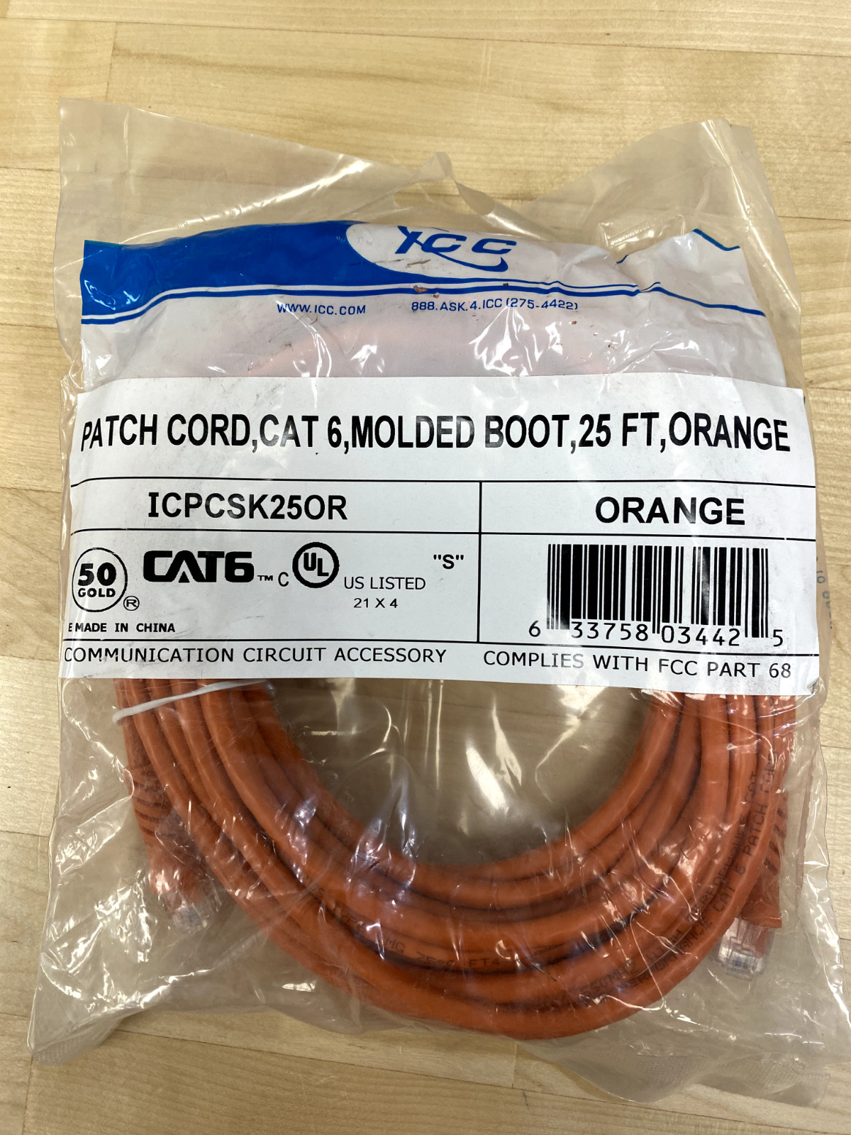 ICC Cat6 Patch Cable, 25 ft, Molded Boot, Orange, Unopened, New ICPCSK25OR