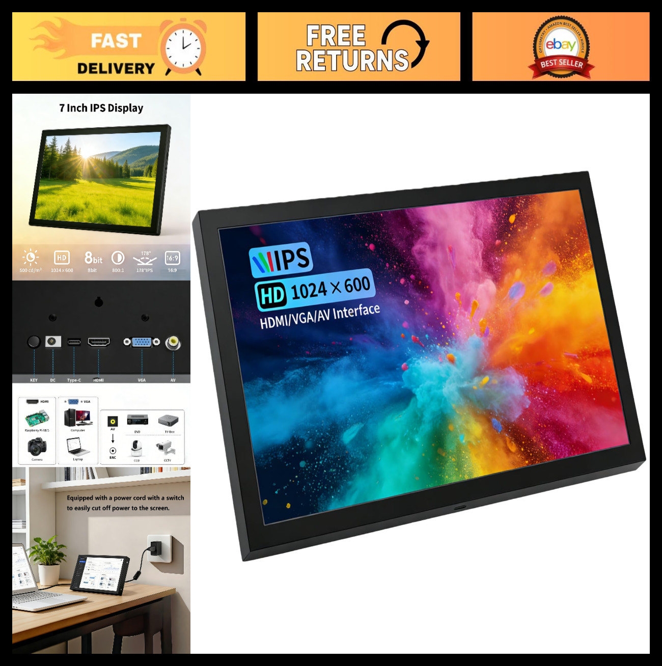 7" Portable Mini Monitor 1024x600 IPS HDMI VGA AV BNC Inputs Built-in Speakers