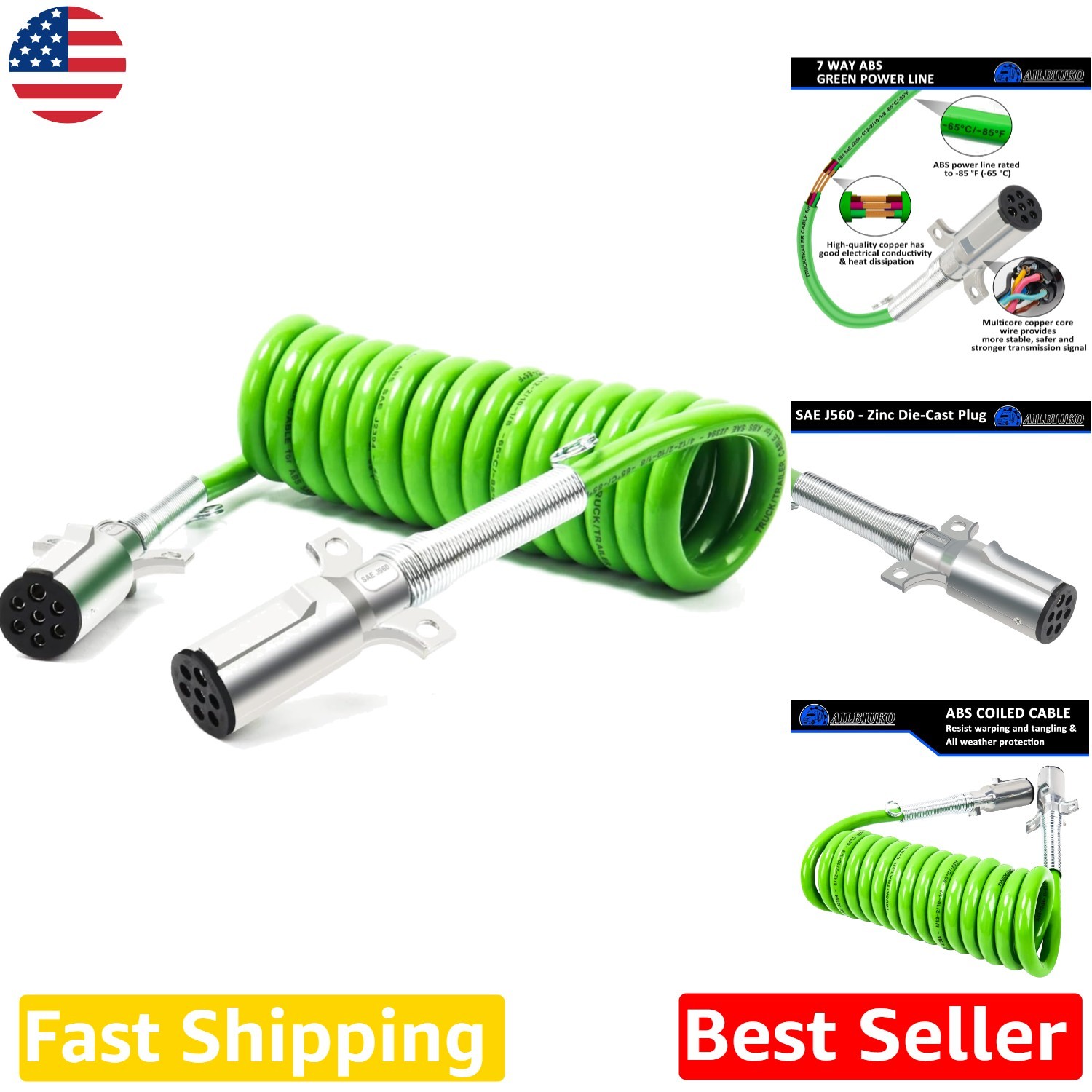 Heavy Duty 12ft 7-Way ABS Trailer Cable, Pure Copper, SAE J560 Plug, Truck