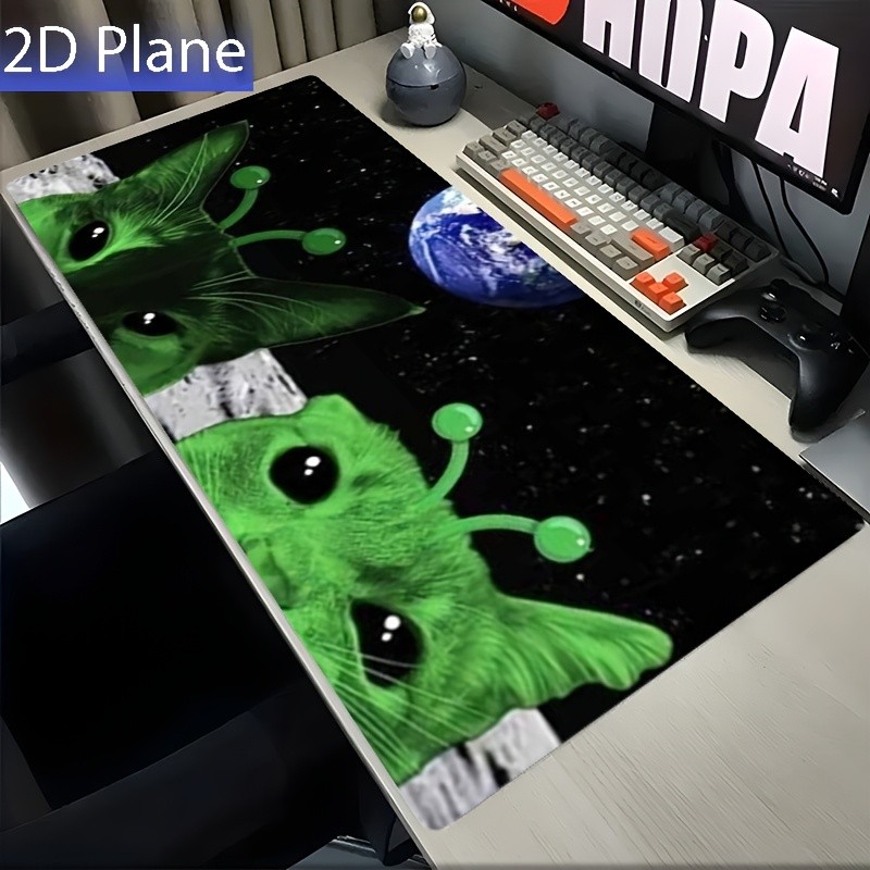2D Flat, 1pc Oversized, Non-Slip Desk Mat, Mouse Pad, Featuring a Green Alien