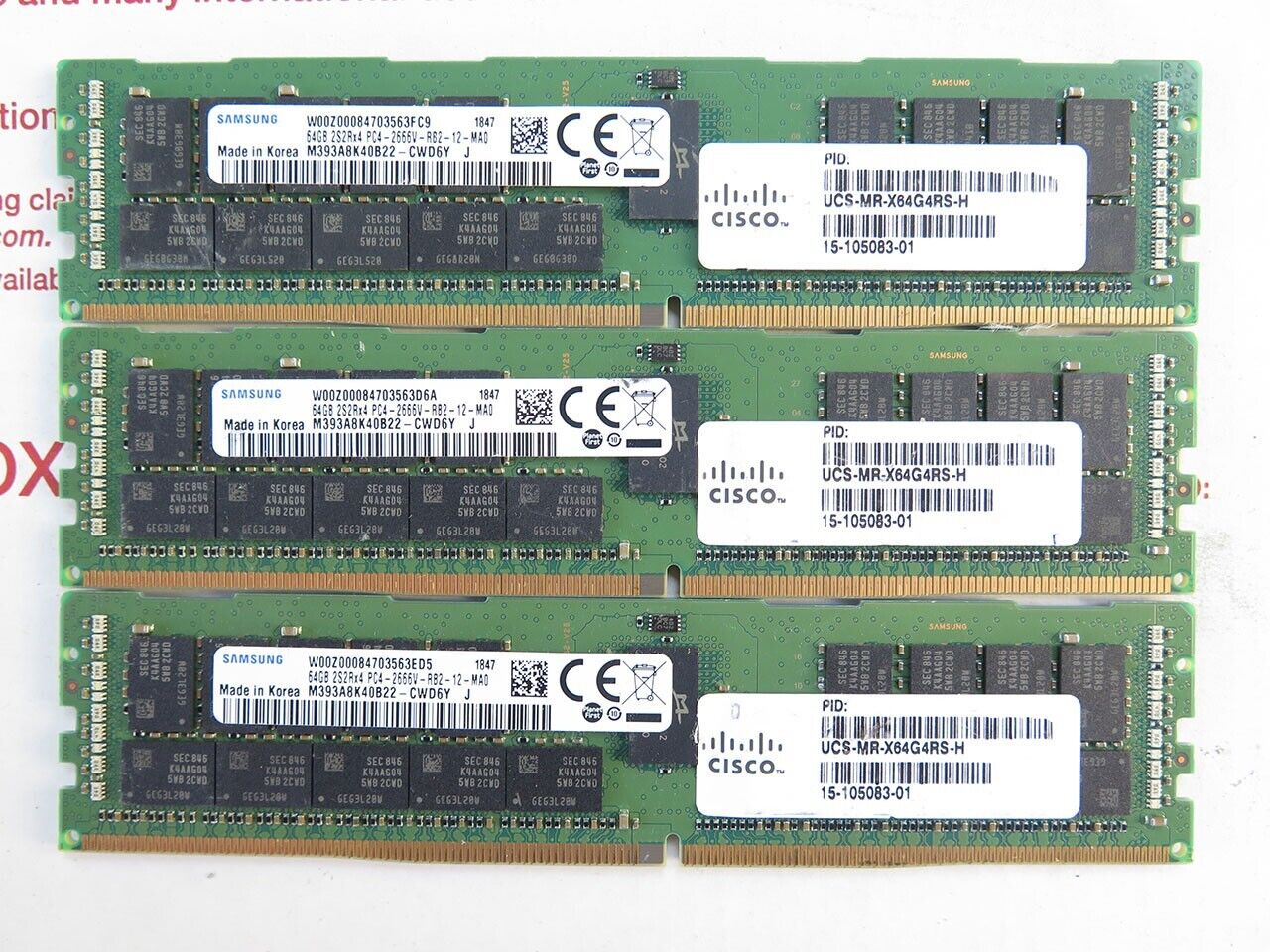 Lot of 3 x 64GB PC4-21300 2666Mhz ECC RDIMM 4Rx4 Cisco # UCS-MR-X64G4RS-H