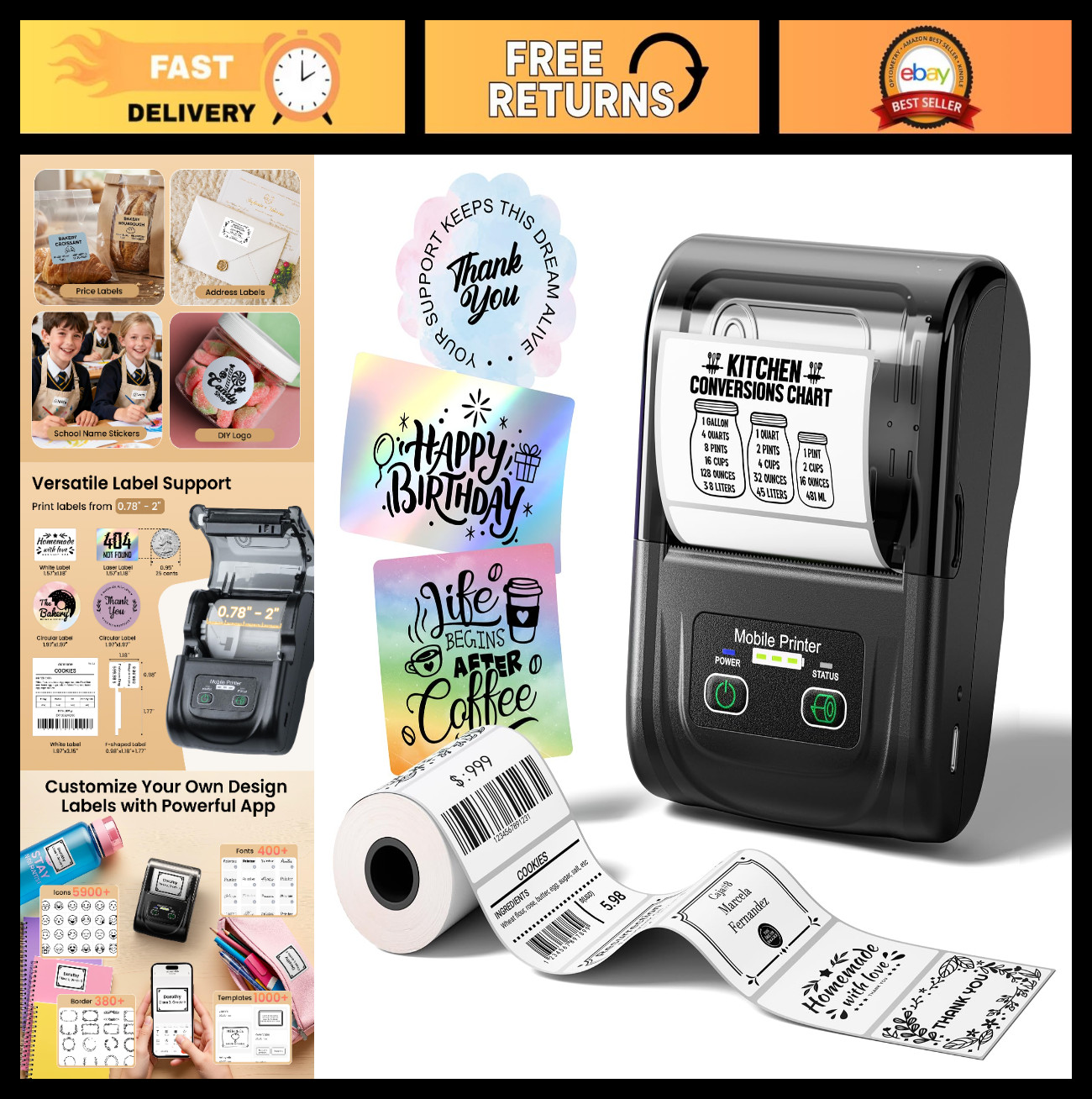 Portable Bluetooth Label Maker - 2" Thermal Printer for Address & Barcode Sticke