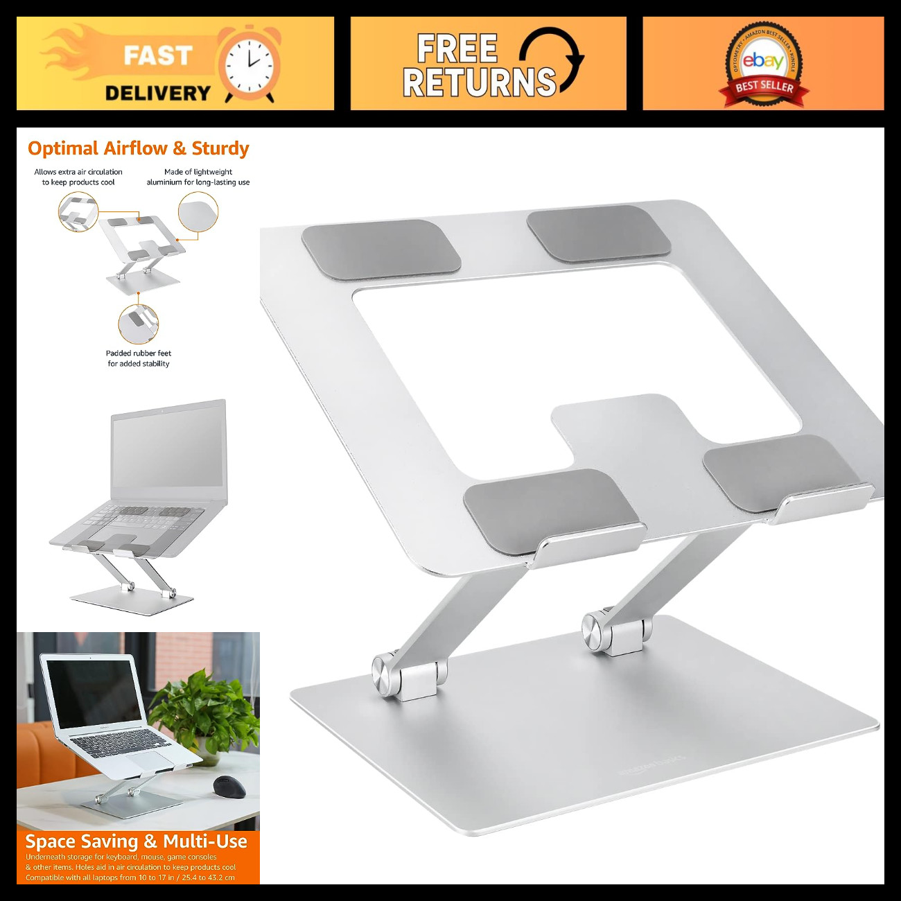 Portable Ergonomic Laptop Stand - Height Adjustable Riser, Ventilated Cooling, F