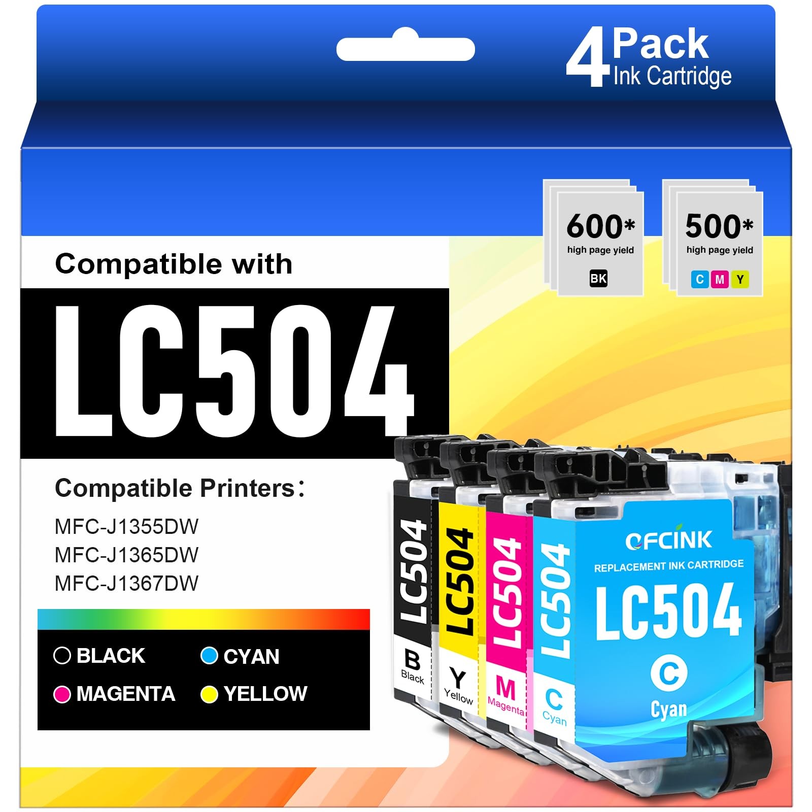 LC504 4-Pack Ink Cartridges Combo Pack for Brohter LC 504 504 High Yield Ink ...