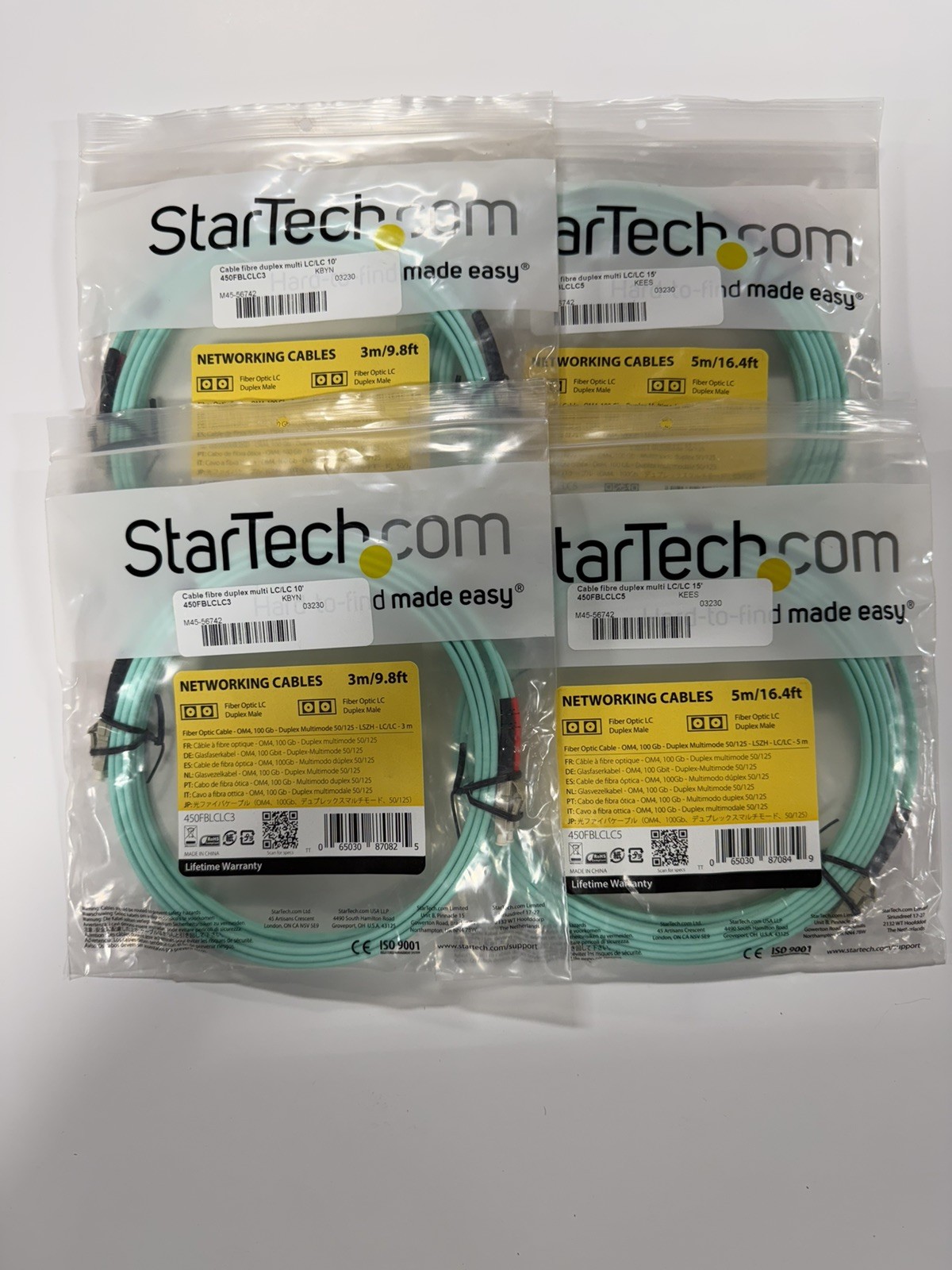 Lot of  4 StarTech 450FBLCLC3 Aqua OM4 Duplex Multimode Fiber - 3m / 9.8 ft.