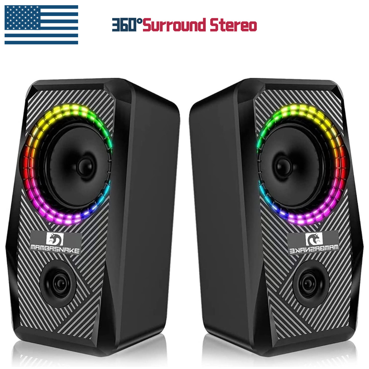 2Pcs RGB  2.0 USB Wired Surround Stereo Speakers Subwoofer 3.5mm for PC/TV/Phone
