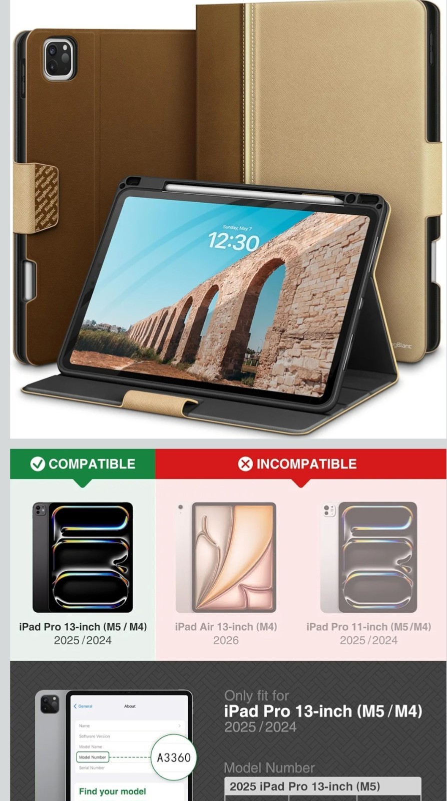 KingBlanc Patchwork Series Folio Case for iPad Pro 13" PU Leather Holder