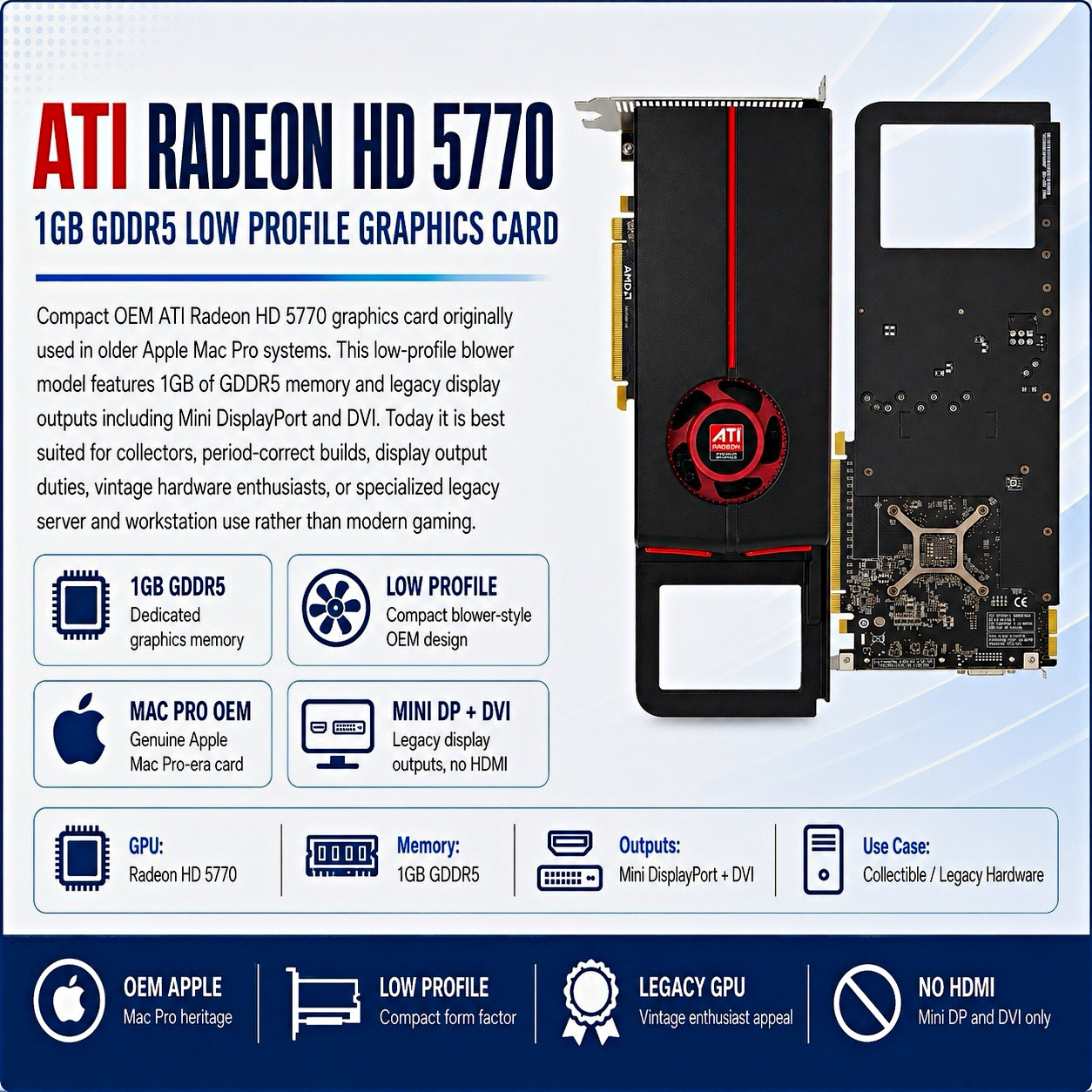 Genuine Apple Mac Pro ATI Radeon HD 5770 1GB GDDR5 Low Profile Blower A1289