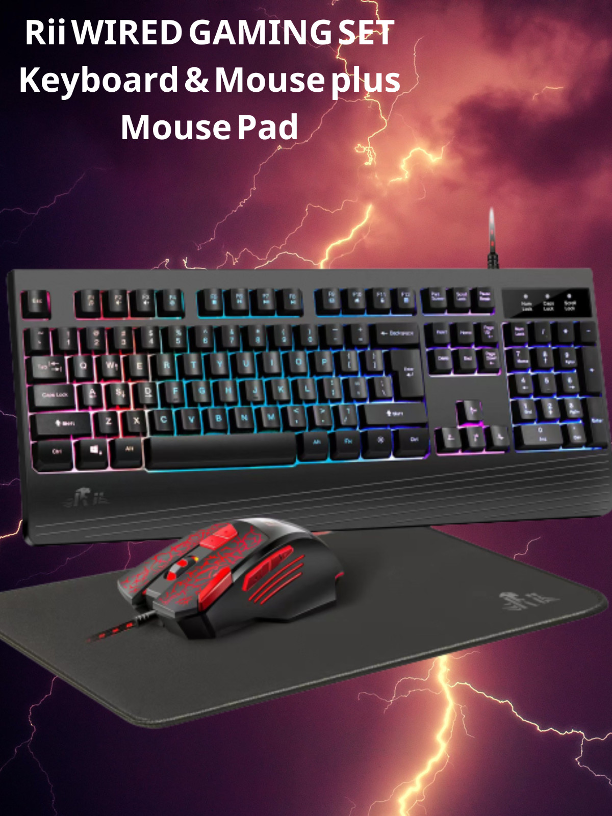 Rii Gaming Wired Keyboard 3 in 1 - Rainbow Backlit Keyboard + mouse + mouse pad
