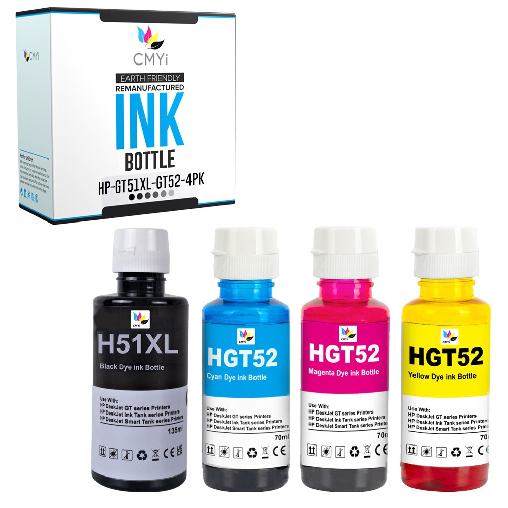 4-Pack Compatible GT51XL GT52 Ink Bottles Combo fits HP DeskJet GT 5820 GT 5821