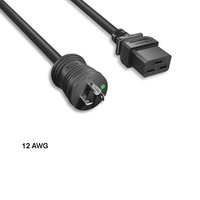 [Lot10] 10Ft 12 AWG Hospital Grade Power Cable NEMA 5-20P to C19 20A/125V Blk