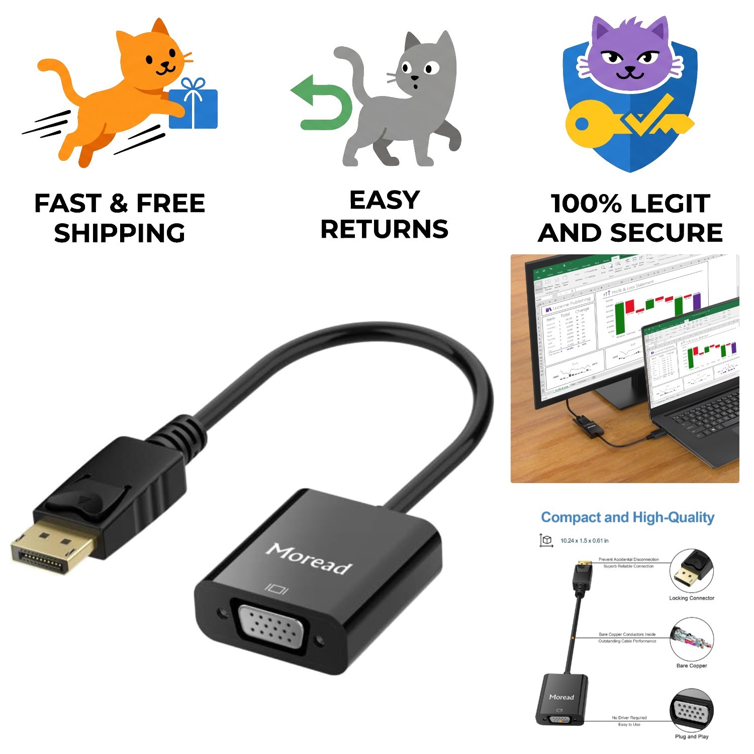 Versatile DisplayPort to VGA Adapter - Perfect for Laptops, TVs, and Projectors