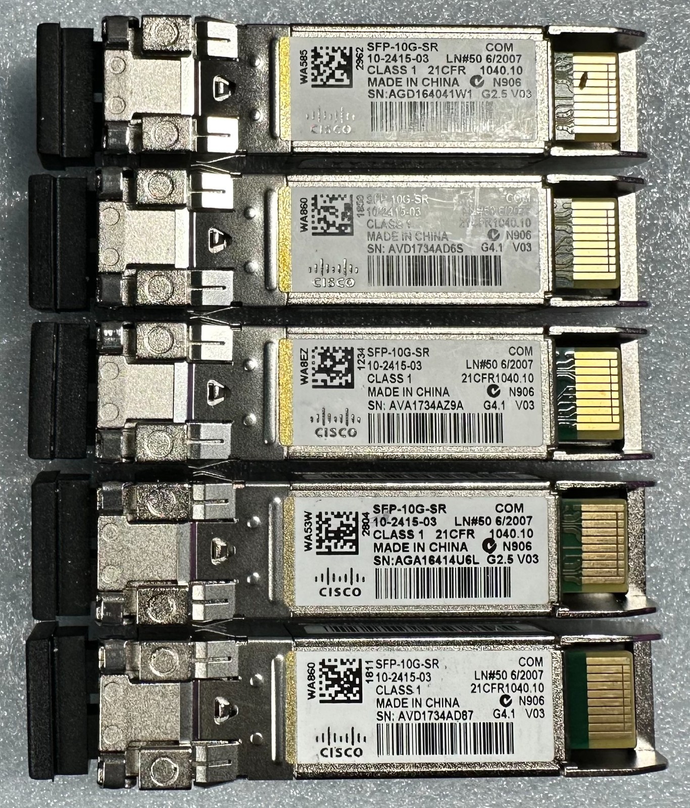 Lot of (5) Cisco 10G SFP+ 850nm Transceiver Module P/N: SFP-10G-SR (10-2415-03)
