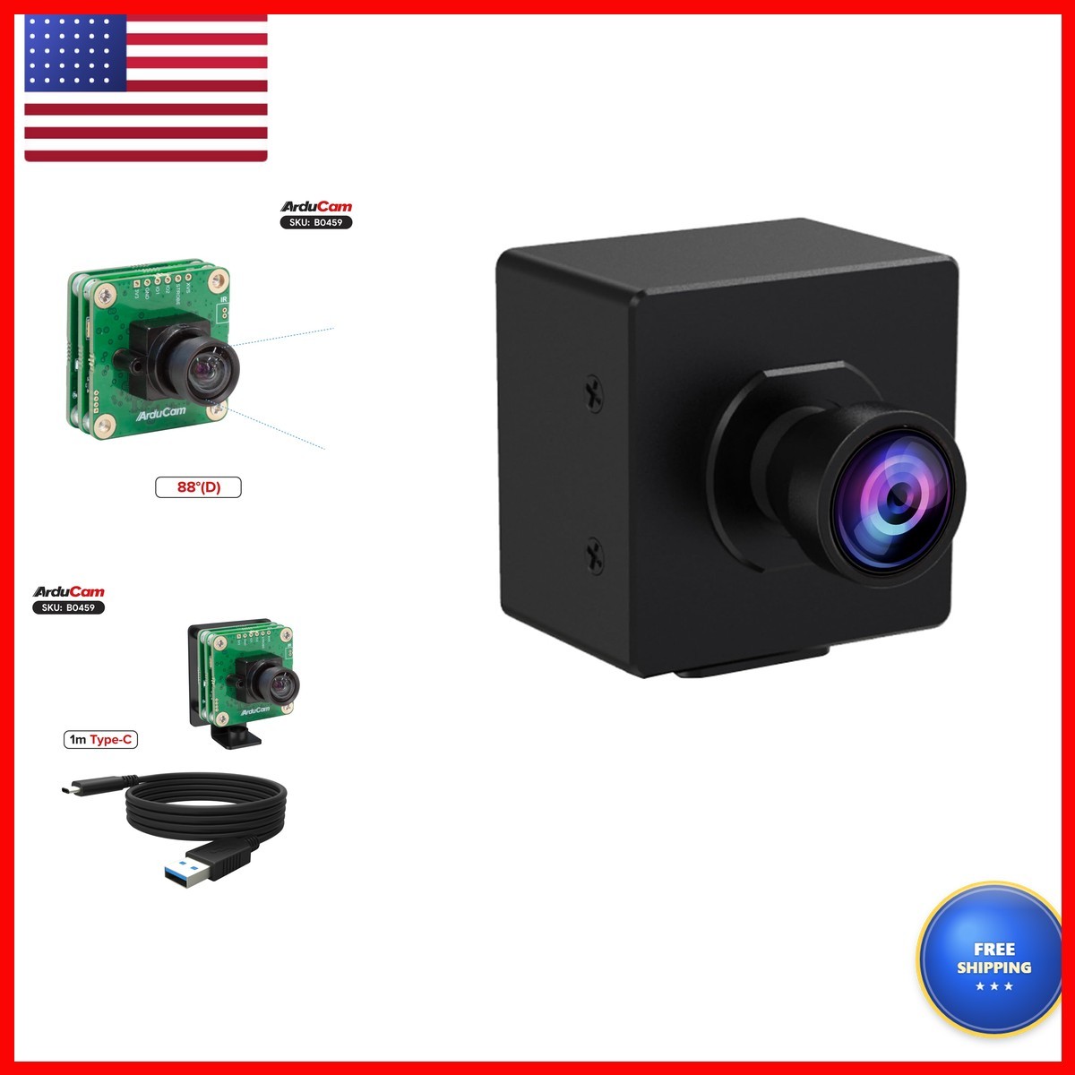 Arducam USB 3.0 Camera, IMX477P 12MP High-Speed USB Camera Module 88°(D) M12
